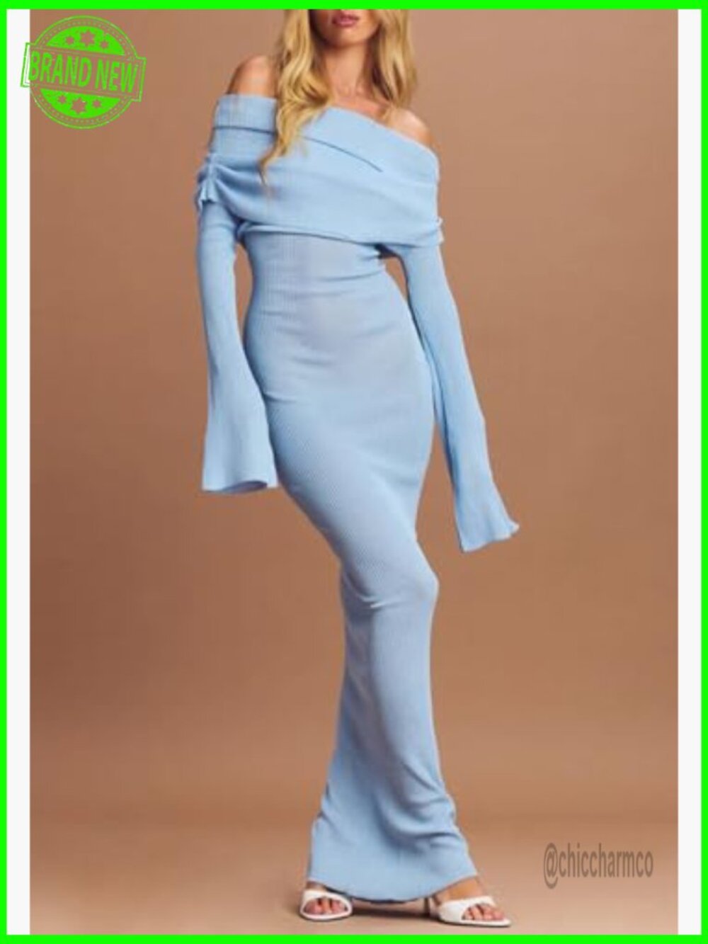 Sexy Off Shoulder Crochet Bodycon Maxi Dress Long Sleeve Knit Party - Picture 4 of 7